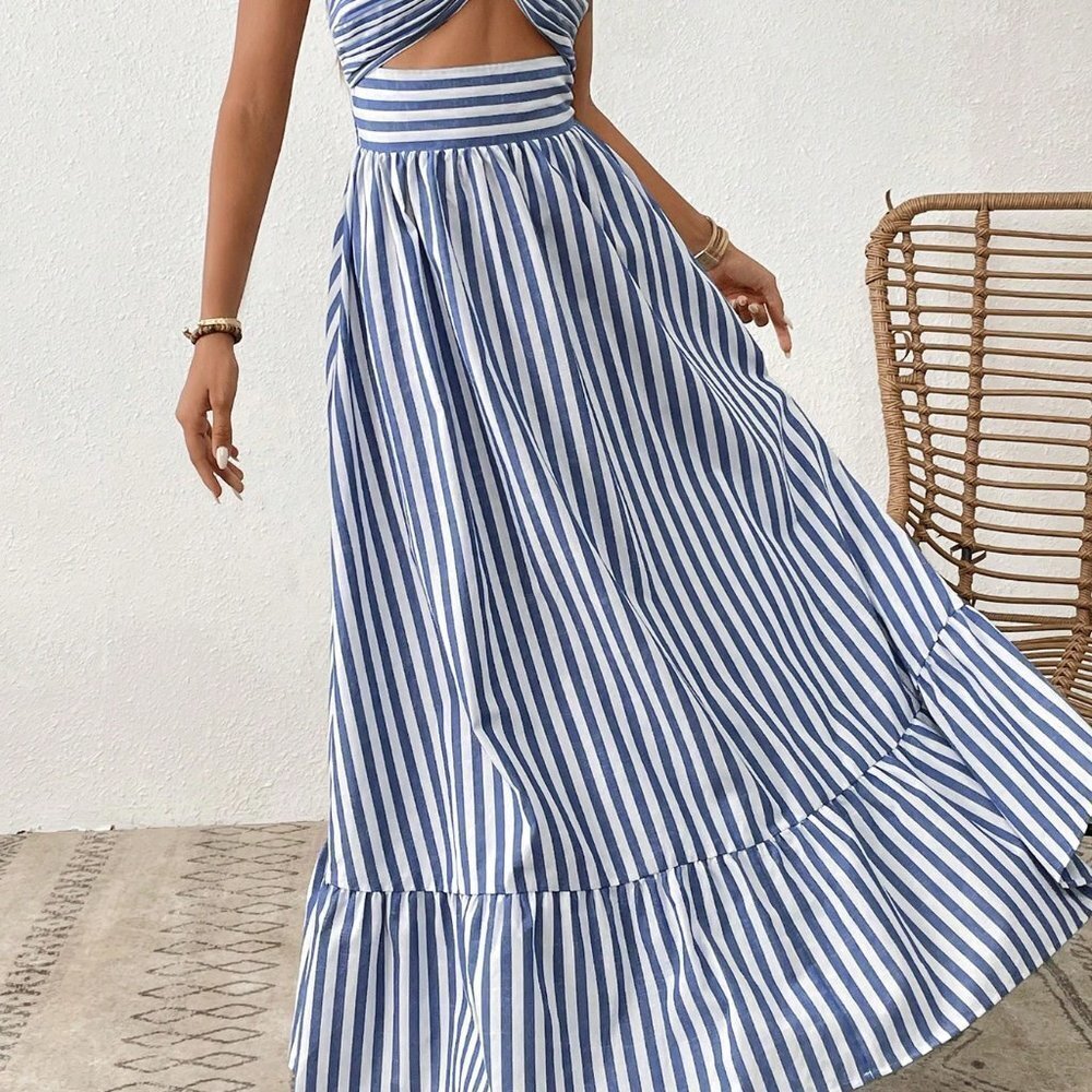 Blue Boho Womens Striped Print Cut Out Ruffle Hem Halter Neck Dress - Picture 4 of 5